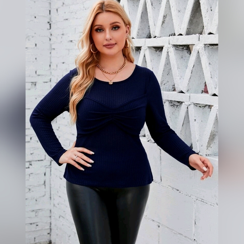 NEW SHEIN Curve waffle-knit top navy 5xl